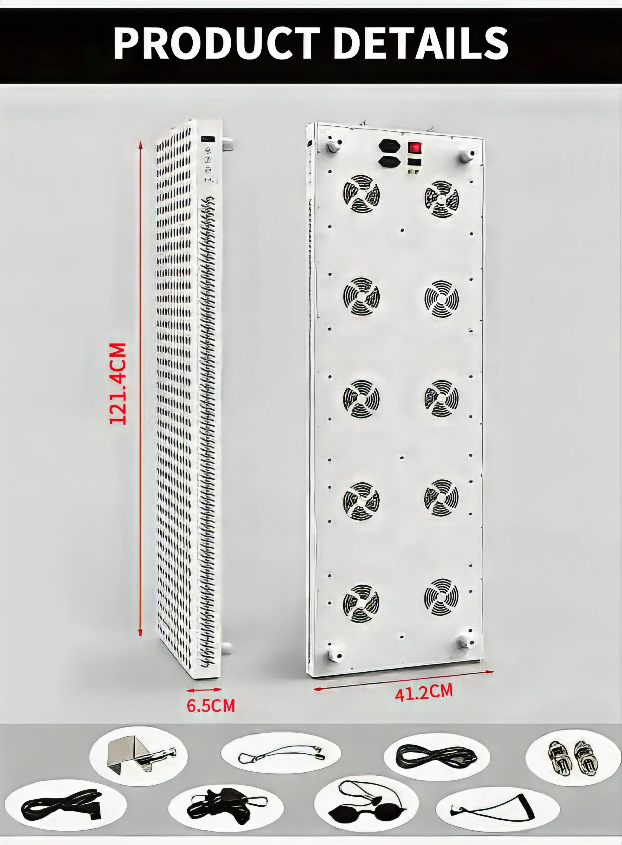 Technical specifications of a cooling system with dimensions and features for Full-Body Red Light (LED) Therapy Panel Device.  It is an ideal value LED device purchase.