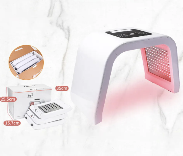A handheld 7-color photon skin rejuvenation device, which is white with a digital control interface with dimensions.  It is an ideal LED light device purchase.