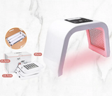 A handheld 7-color photon skin rejuvenation device, which is white with a digital control interface with dimensions.  It is an ideal LED light device purchase.