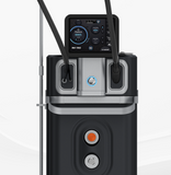 A black Accento N by Bison Medical device showing the front view of digital display and treatment handpiece. It is a great value for Dual Laser purchase.