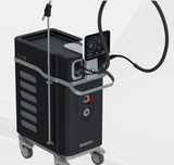A black Bison Medical device showing side view with a digital display and treatment handpiece. It is a great value Dual Laser device purchase.