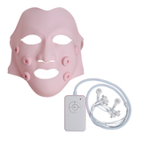 Pink facial mask with electronic device and cables for facial treatments. It is an ideal LED device purchase.