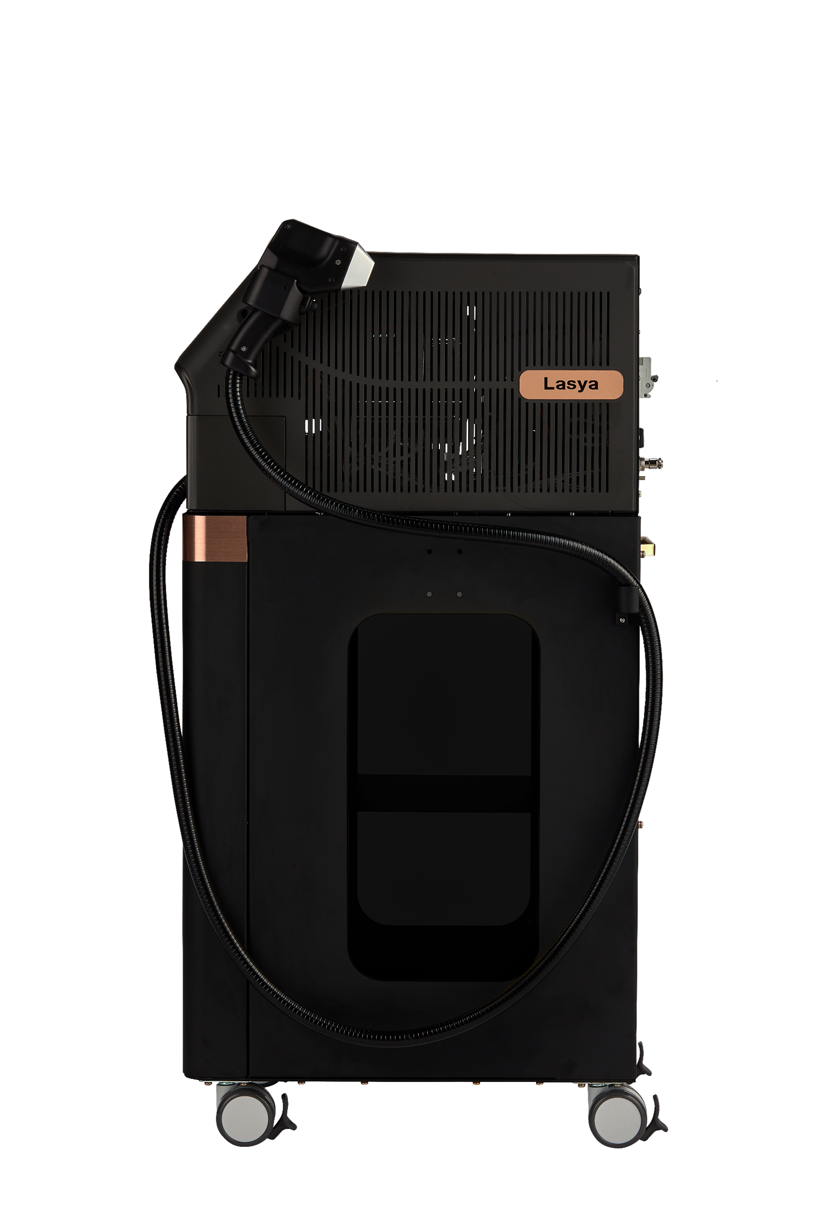 Black laser engraving machine with 'Lasya' branding on a white background. It is an ideal device purchase.