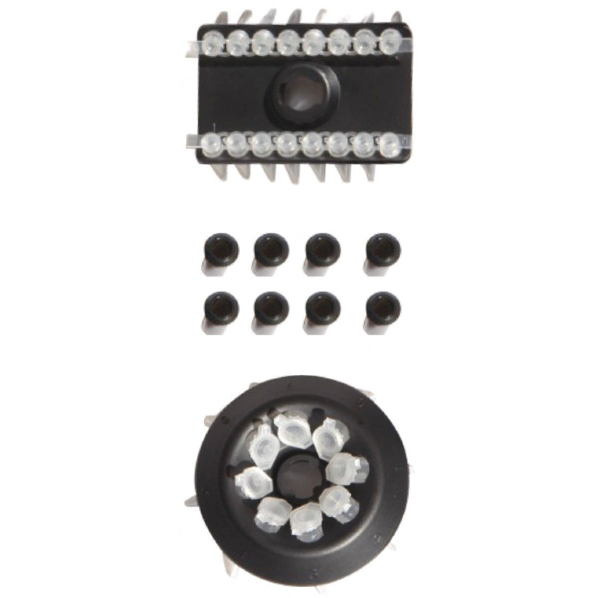 A compact and portableMeteor Handheld Centrifuge with a clear cover lifted partially, displaying the inside mechanism which includes a black rotor and white body with some black components.