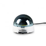 A compact and portableMeteor Handheld Centrifuge with a clear cover lifted partially, displaying the inside mechanism which includes a black rotor and white body with some black components.