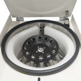 A white, low-speed centrifuge with a rotor inside the machine. It is a great device purchase.