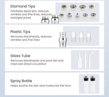 Product display with diamond tips, plastic tips, glass tube, and spray bottle on a light gray background. It is an ideal device purchase.
