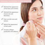 A promotional image featuring a woman using the PMD Personal Microderm Classic device on her face, highlighting the product's benefits such as diminishing fine lines, wrinkles, pore size, blemishes, dark spots, and increased collagen production.