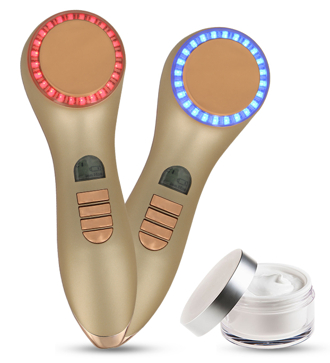 Beauty device with LED lights and a jar of cream on a white background. It is an ideal LED device purchase.