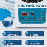 Laboratory centrifuge with control panel and a gloved hand holding a beaker. Image shows Speed Time, RCF and Speed/RCF.