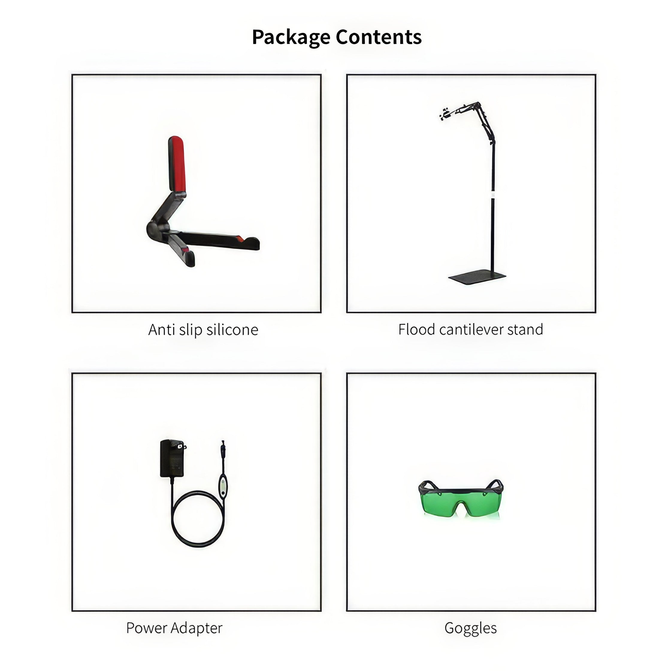 Package contents list with icons and text for anti slip silicone, hood cantilever stand, power adapter, and goggles.