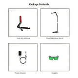 Package contents list with icons and text for anti slip silicone, hood cantilever stand, power adapter, and goggles.