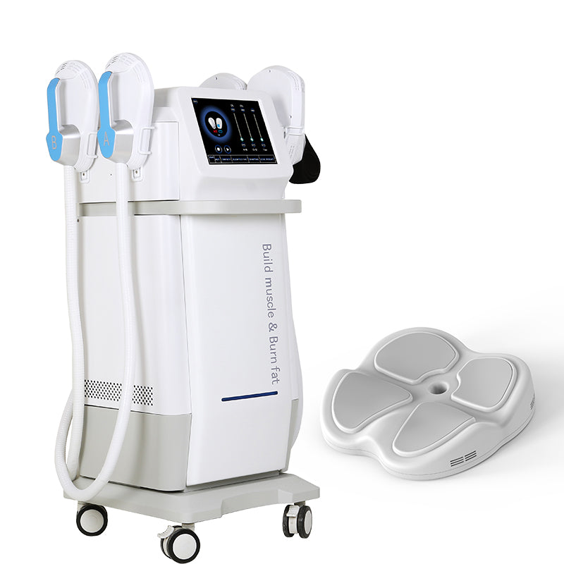 A professional non-invasive body contouring device with a white finish, featuring a main unit with a digital display and multiple handpieces, including a large flat pad for body shaping. It is a great EMS value purchase.