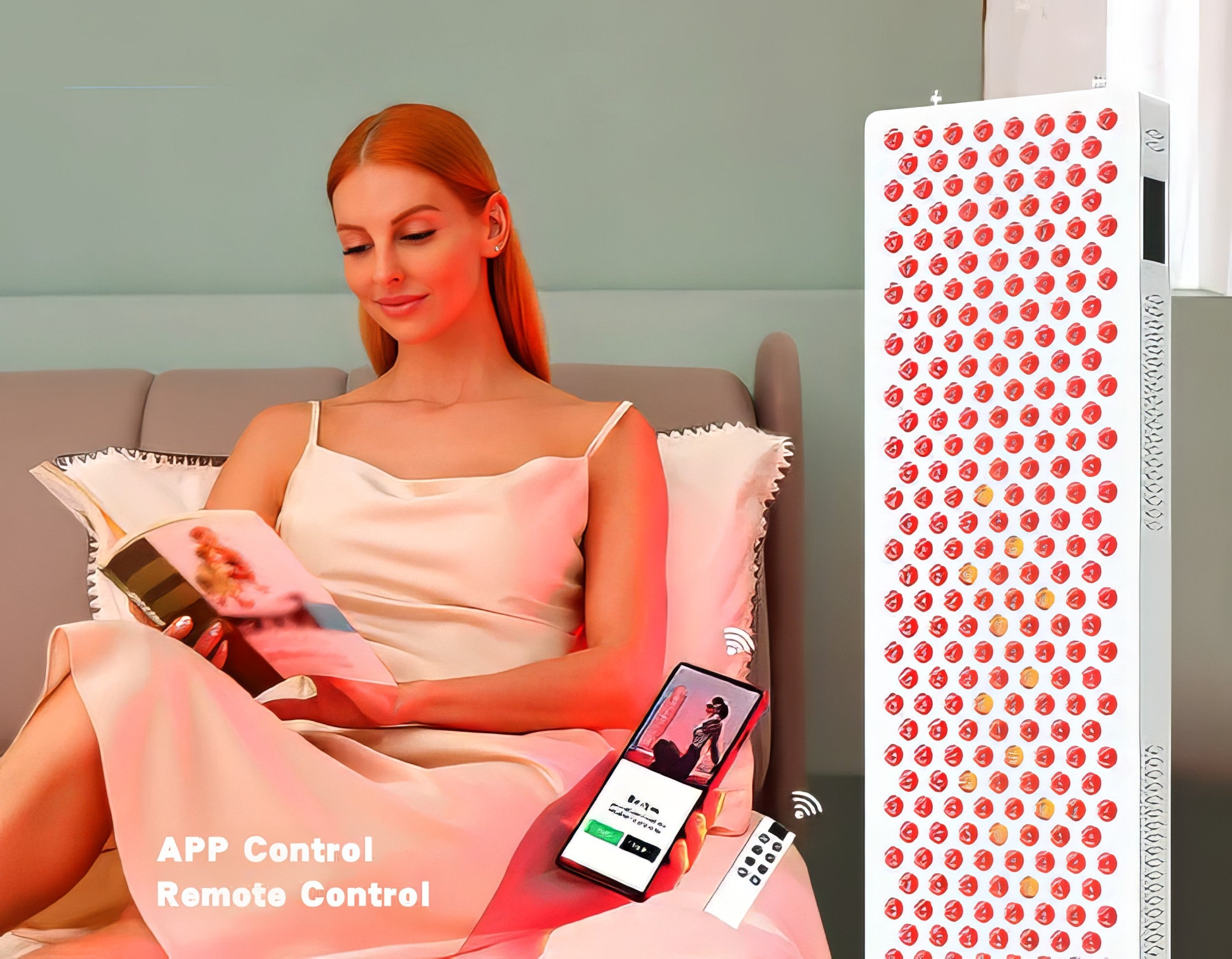 Image showing woman reading a book with a smartphone and remote control, next to a Red Light Therapy Panel. It is a great value LED purchase.
