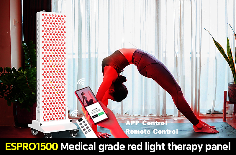 A lady in red outfit using a medical grade red light therapy panel with app control in a room. It is a great value LED purchase.