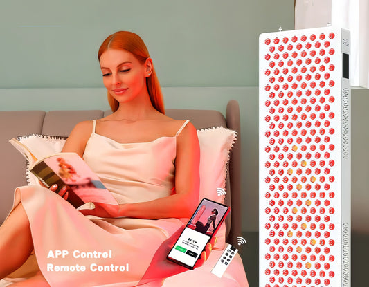 Image showing woman reading a book with a smartphone and remote control, next to a Red Light Therapy Panel. It is a great value LED purchase.
