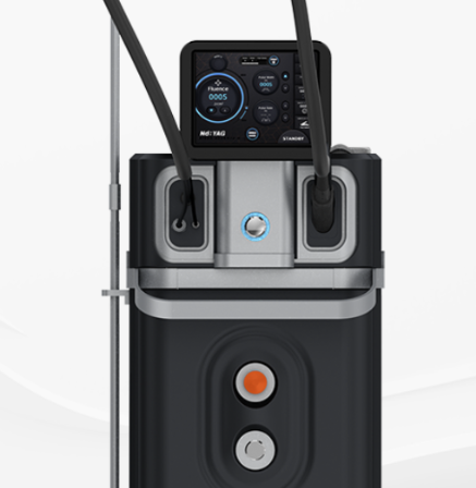 A black Accento N by Bison Medical device showing the front view of digital display and treatment handpiece. It is a great value for Dual Laser purchase.