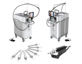 Two views of a professional Accento 755nm Alexandrite laser device used for hair removal and pigmentation treatment, mounted on a trolley with various handpieces and a storage compartment. It is a great value powerful laser medical device purchase.
