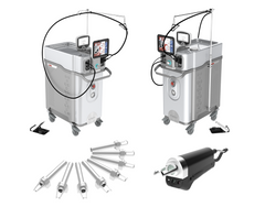 Two views of a professional Accento 755nm Alexandrite laser device used for hair removal and pigmentation treatment, mounted on a trolley with various handpieces and a storage compartment. It is a great value powerful laser medical device purchase.