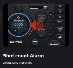A black Bison Medical device with a digital Shot count alarm display showing the alarm rings every 500 shots. It is a great value for Dual Long pulsed laser purchase.