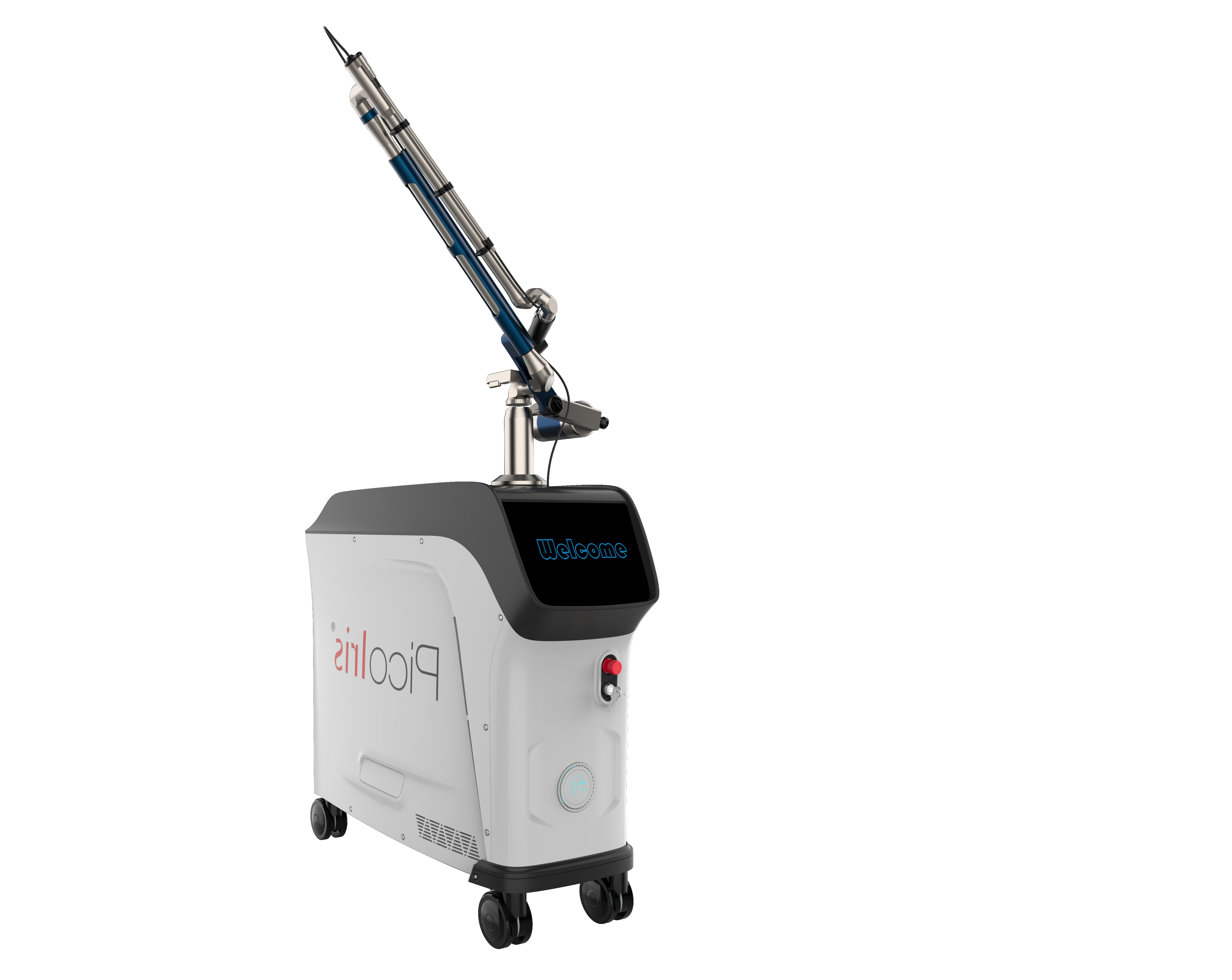 PicoIris® Advanced 5-Mode Picosecond Laser medical device with a nozzle on wheels in a side view. It is an ideal laser device purchase.