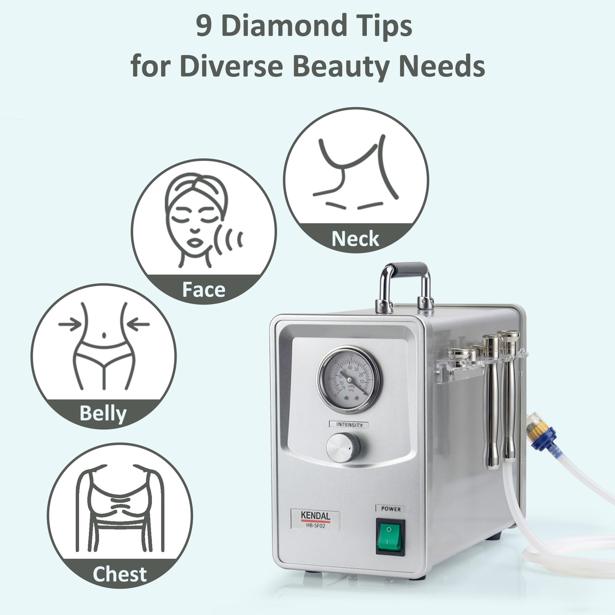 Image showing Diamond Microdermabrasion Device has 9 diamond tips for various beauty needs and applications on different body part. It is an ideal device purchase.