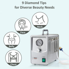 Image showing Diamond Microdermabrasion Device has 9 diamond tips for various beauty needs and applications on different body part. It is an ideal device purchase.