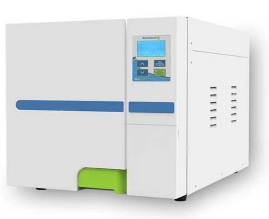 A white BioClave 18 Autoclave with a digital LCD display, chamber for sterilization, and a small green detail on the front. It is a great value device.