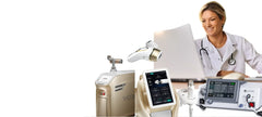 Medical professional using a laptop with medical equipments on a white background