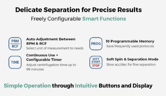 Image explaining simple operations through buttons and display. NeoGenesis Centrifuge is a great device purchase.