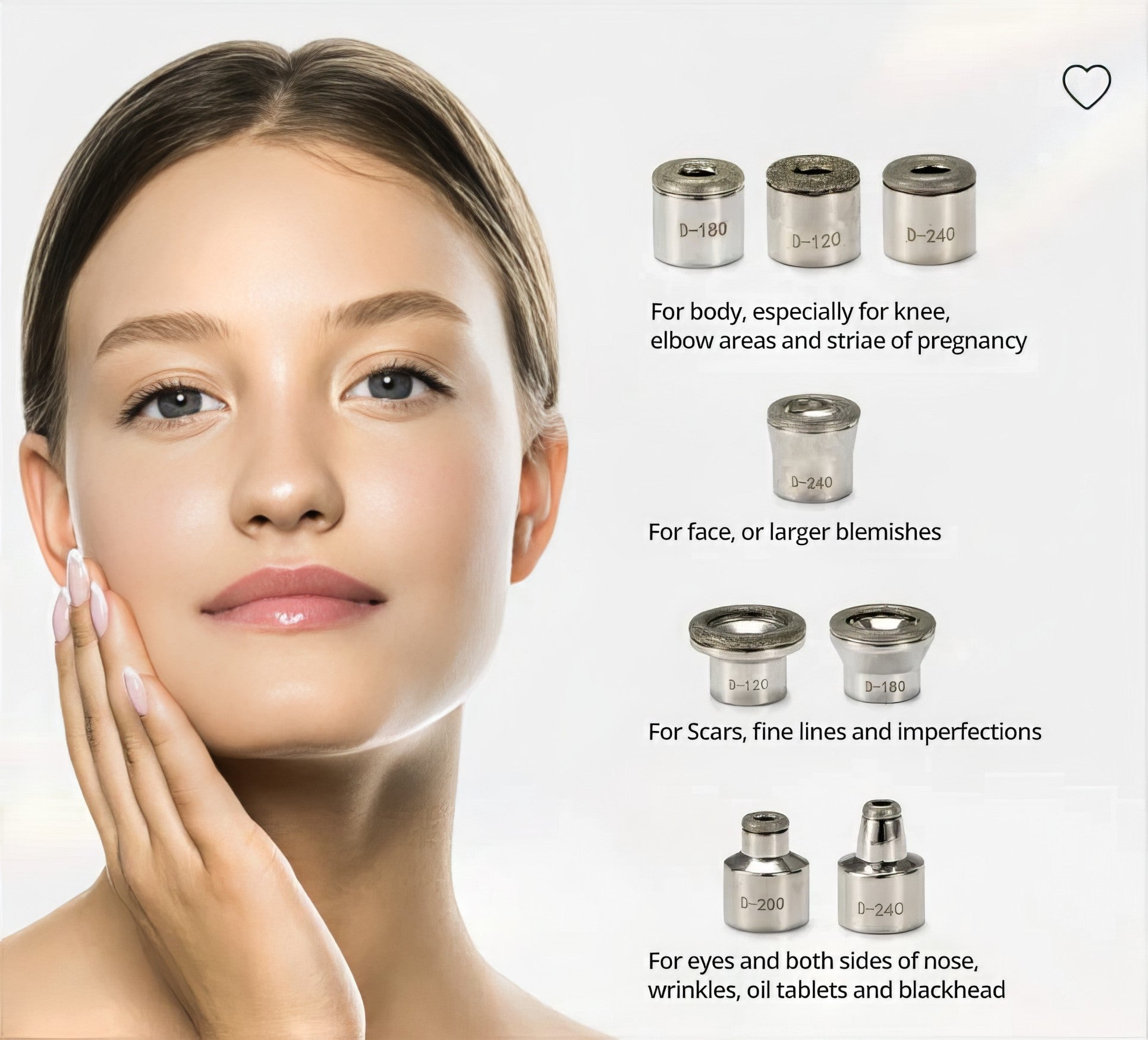 Woman with a smooth face next to different diamond tips on a white background. It is an ideal device purchase.