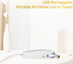 USB rechargeable device on a table with text indicating portability for home or travel use. It is an ideal device purchase.