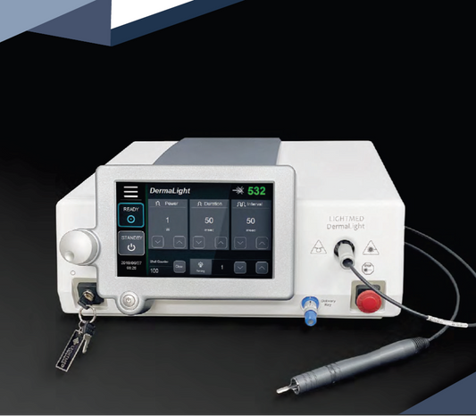 DermaLight KTP Laser Device showing front view with a digital display and control buttons. It is a great value aesthetic laser purchase. 