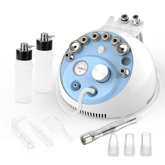 Diamond Microdermabrasion Machine for Home Use with various attachments including a diamond tip, glass tube, plastic tip, and spray bottle.