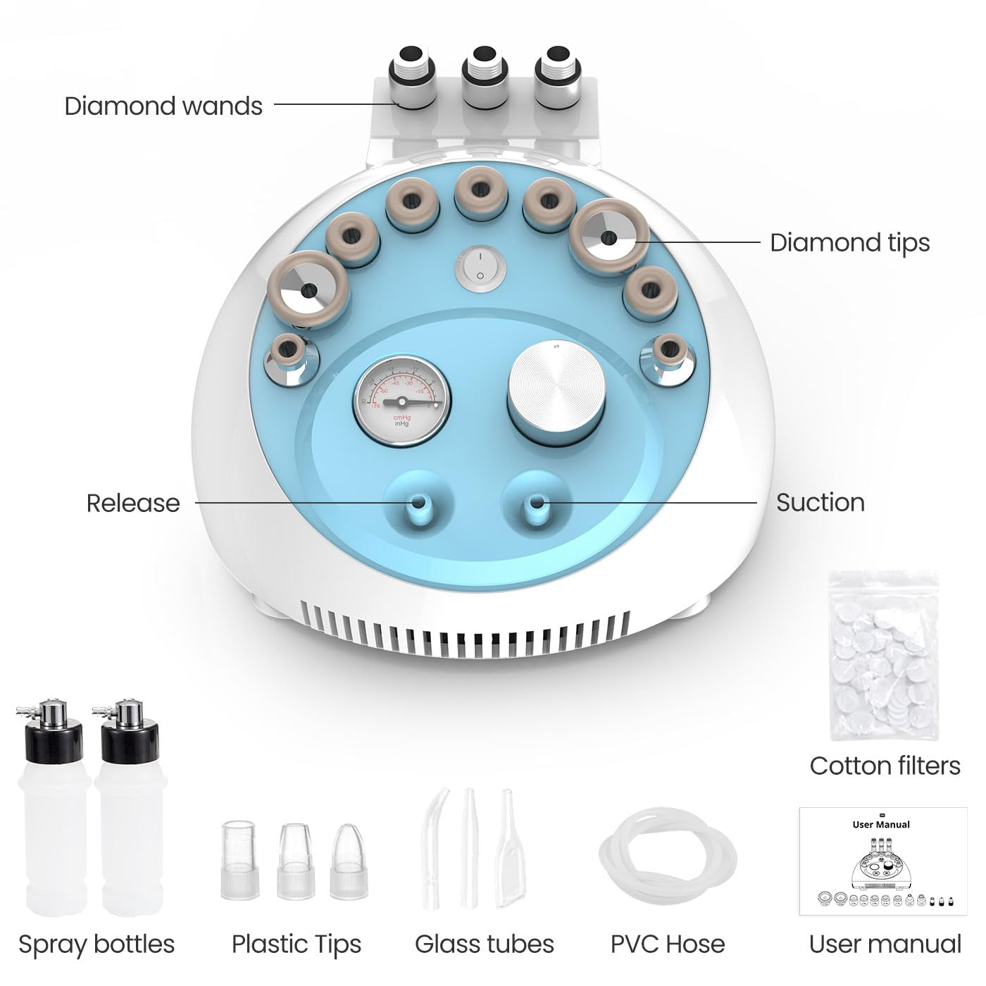 Microdermabrasion Machine display with diamond wands, diamond tips, release, and suction. It is an ideal device purchase.
