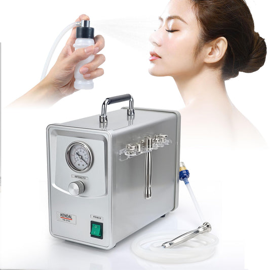 A Kendal Professional Diamond Microdermabrasion Machine with a handheld spray device, displaying various control dials and a digital gauge, alongside a woman lying down receiving the treatment. It is an ideal device purchase.