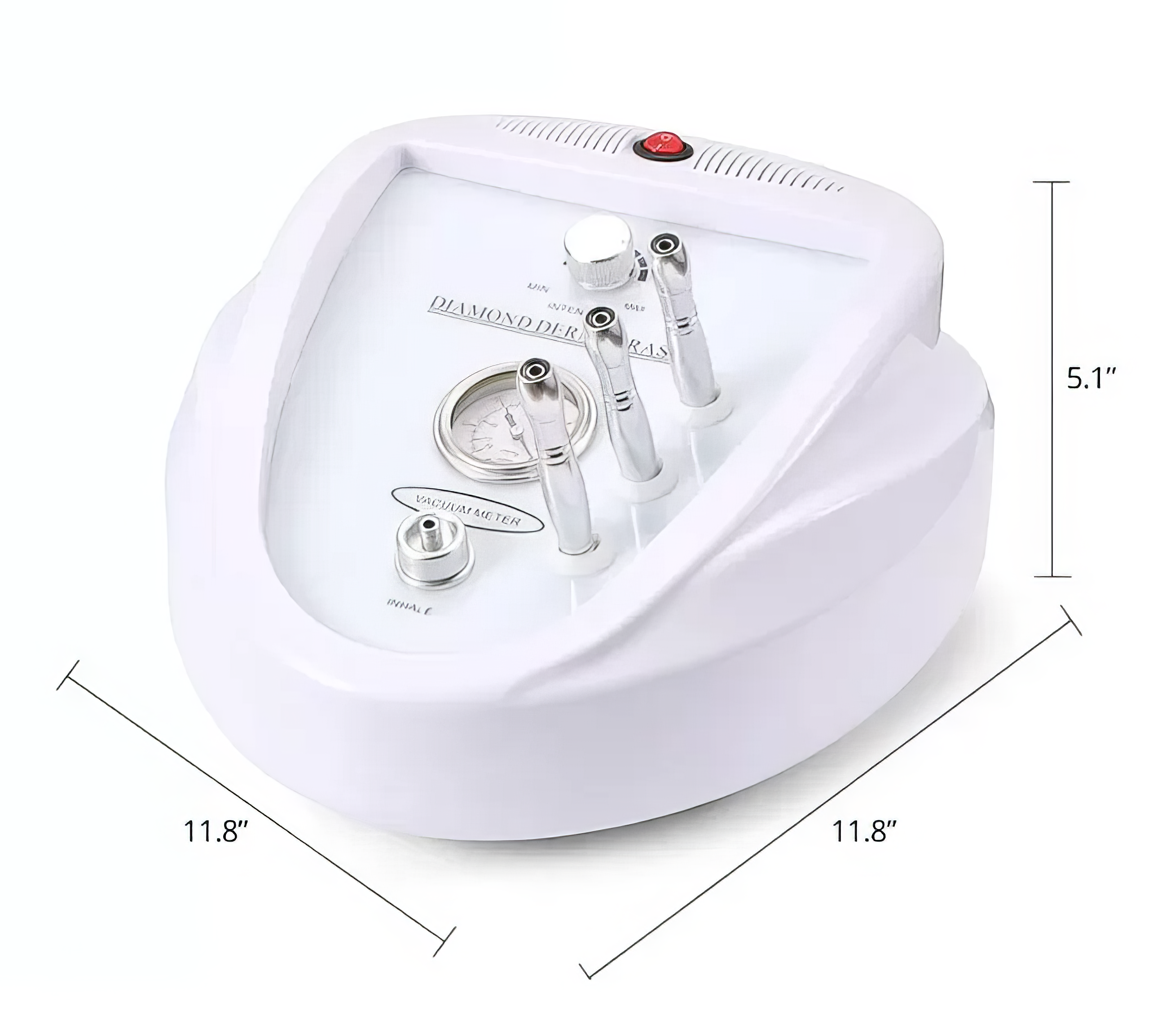 White electronic device with attachments and dimensions on a white background. It is an ideal device purchase.