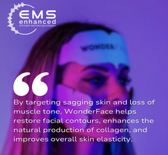 Image showing a lady with WonderFace instrument device on face and benefits described.  It is a great value laser purchase. 