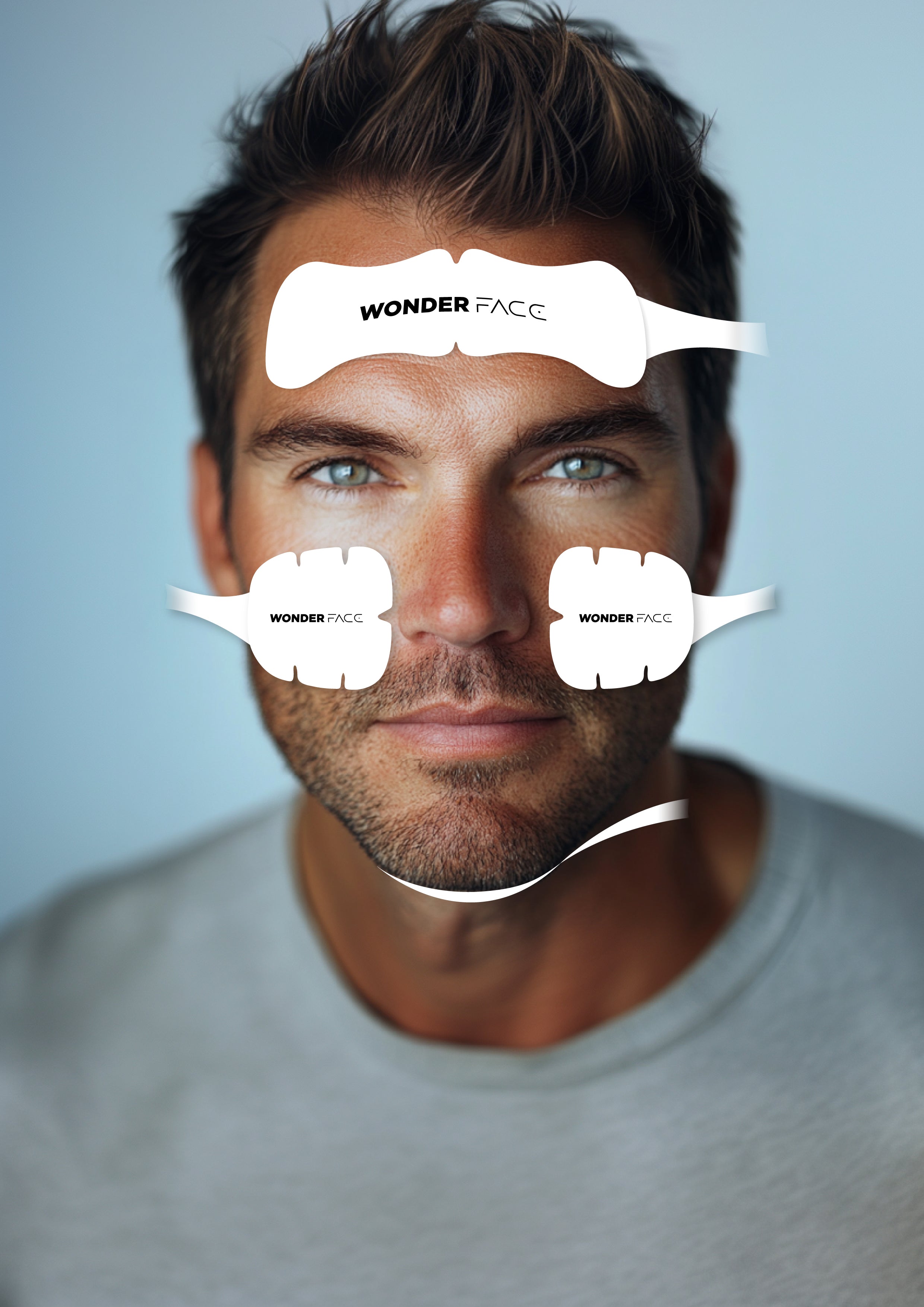 Man wearing Wonder Face eye masks with a blue background