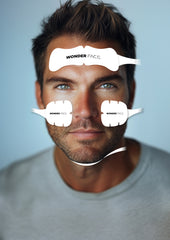 Man wearing Wonder Face eye masks with a blue background