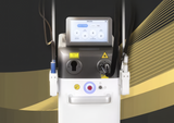 Medical device with digital display on a dark and gold gradient background showing back side. It is great value aesthetic laser device system.