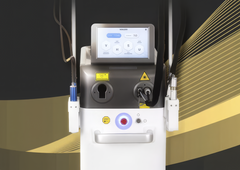 Medical device with digital display on a dark and gold gradient background showing back side. It is great value aesthetic laser device system.