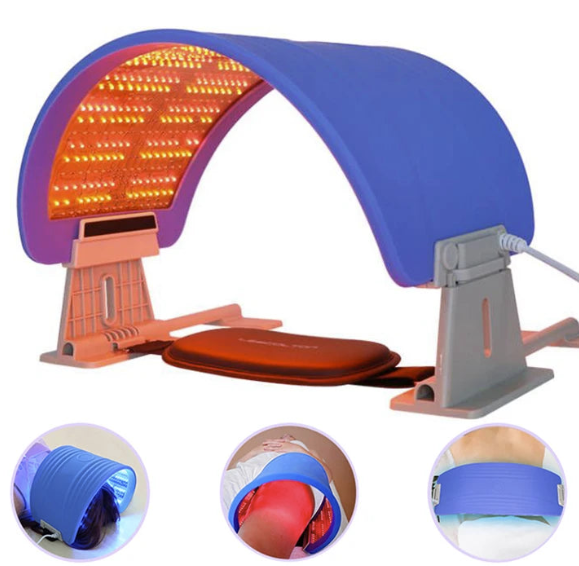A foldable 7 color LED panel designed for skin rejuvenation, displayed with close-up shots of the individual LED lights and the device being worn by a person. It is an ideal  LED device purchase.