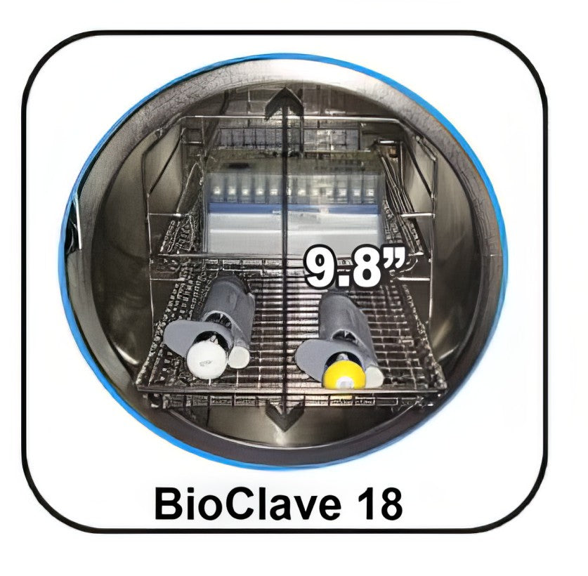 BioClave 18 sterilizer with a measurement of 9.8 inches displayed inside. It is an ideal value device purchase.