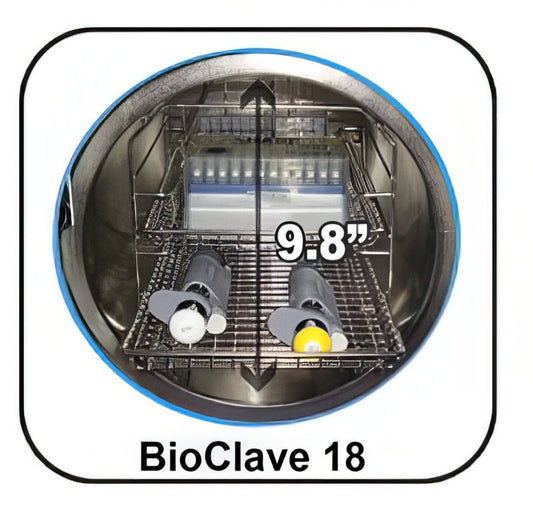 BioClave 18 sterilizer with a measurement of 9.8 inches displayed inside. It is an ideal value device purchase.