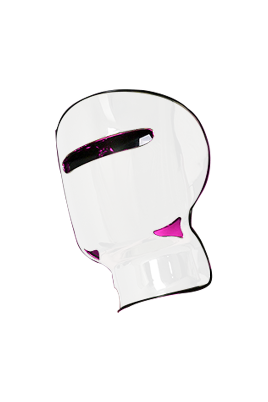Image showing side angle of a white LED Face mask with transparent spacing for eye view with pink accents on a white background. It is a great LED purchase.