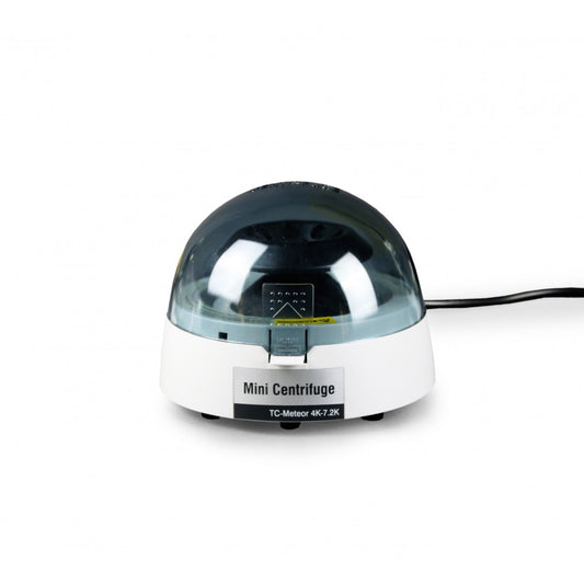 A compact and portableMeteor Handheld Centrifuge with a clear cover lifted partially, displaying the inside mechanism which includes a black rotor and white body with some black components.