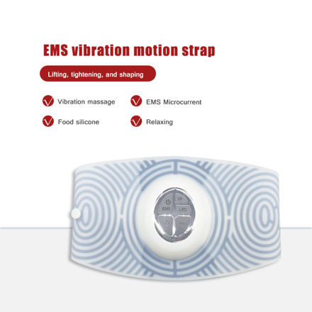 Image showing the benefits of EMS vibration motion strap of a black electric slimming device. It is a great EMS device purchase.