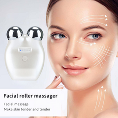 Facial roller massager with a woman's face showing improved skin texture. It is a great EMS device purchase.