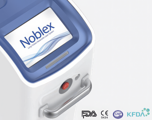Noblex device with a blue and white design showing digital screen. It is a great value laser purchase.
